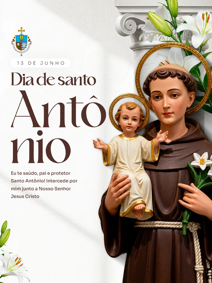 Arte do Santuário para o Dia de Santo Antônio, 13 de junho: imagem de Santo Antônio com o Menino Jesus e lírios