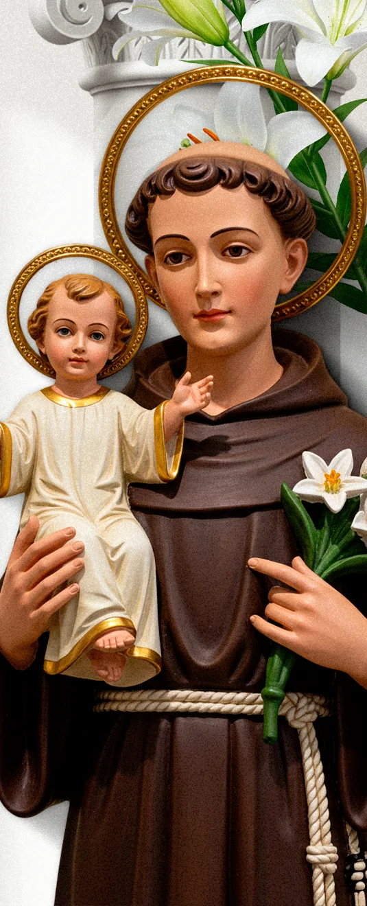 Imagem de Santo Antônio com o Menino Jesus e lírios
